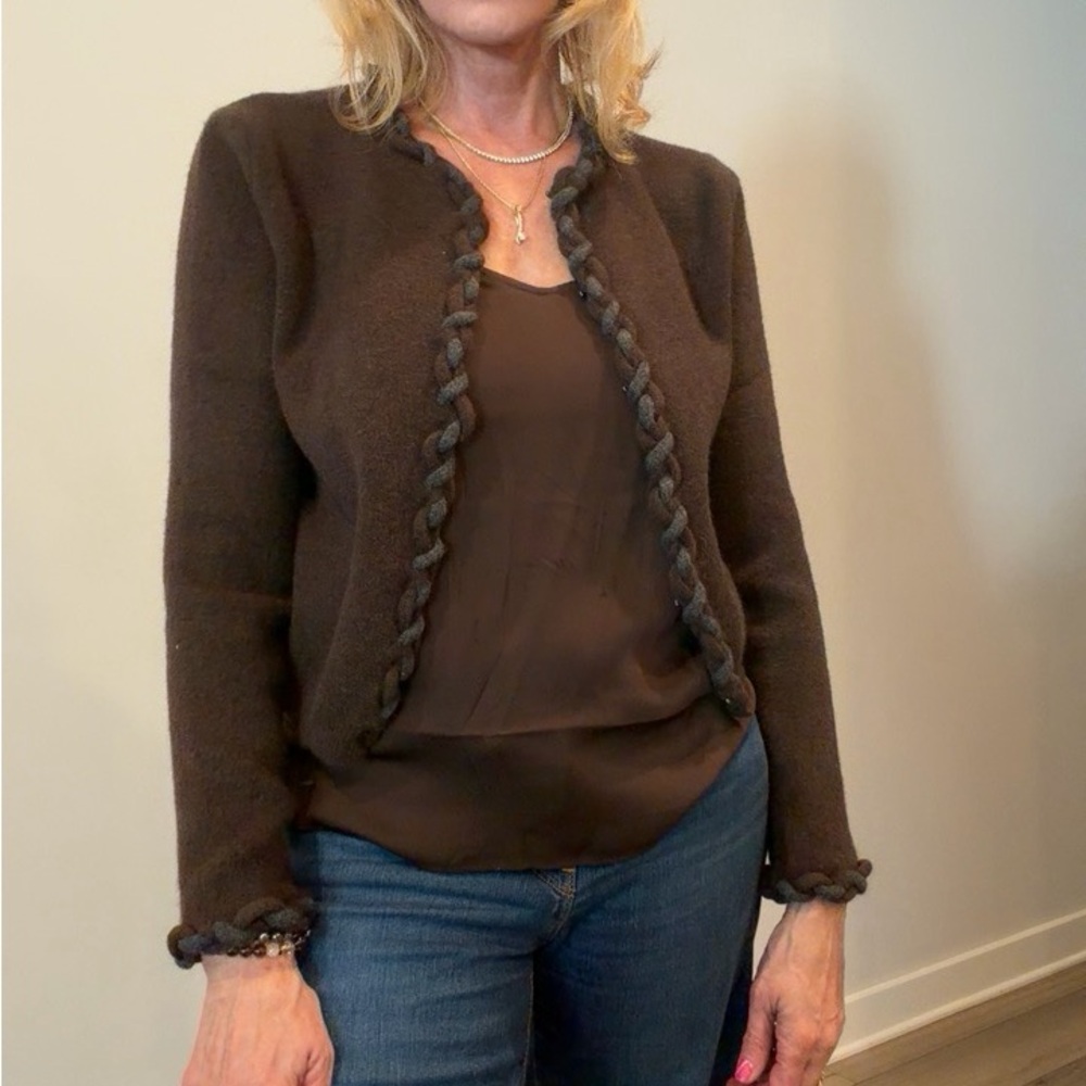 Zara Brown and Gray Braided-Trim Knit Cardigan